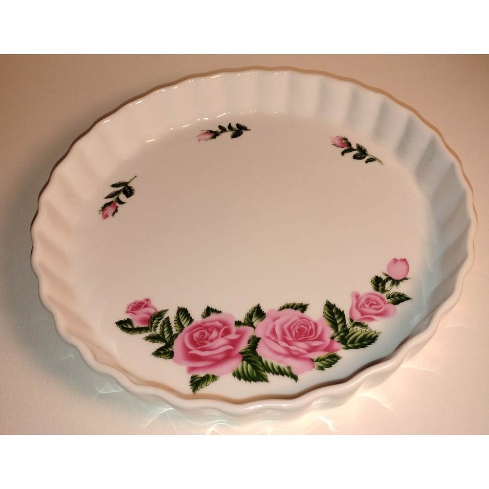Vintage Christine Home Rose Pattern Porcelain Quiche or Tart Pan 1990s